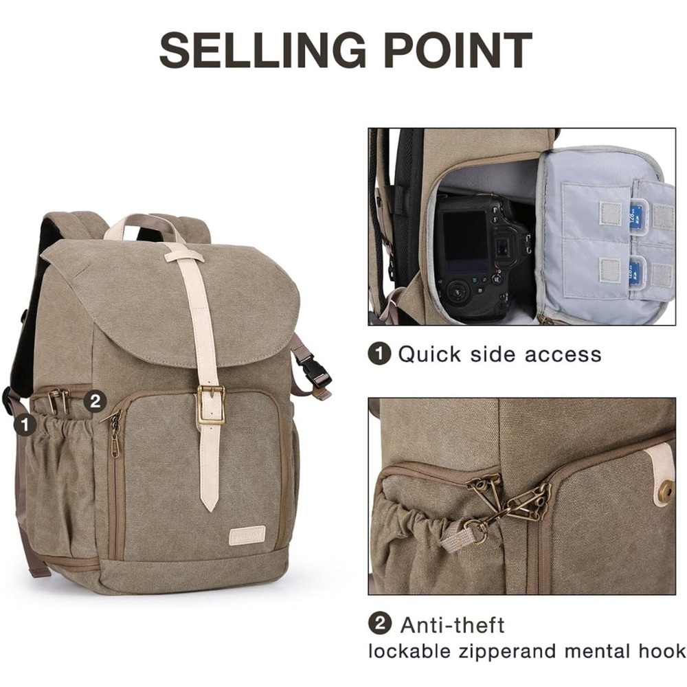 BAGSMART Camera Backpack DSLR Travel Laptop 15” Olive Canvas Photography Bag - Picture 4 of 14